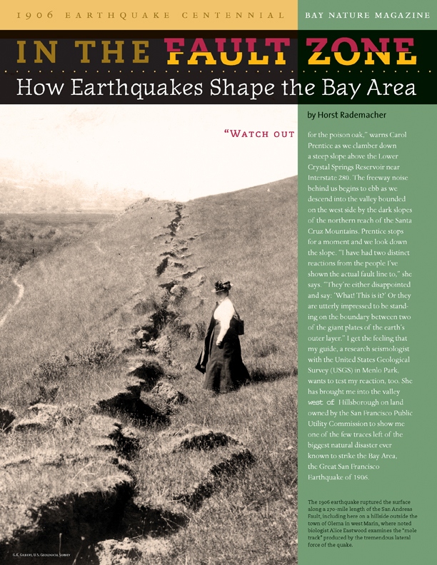 Product Description: On April 18, 1906, a massive earthquake centered just west of San Francisco ruptured the earth from Humboldt to San Juan Bautista. While the more dramatic traces of this 7.8 temblor may be hard to find one hundred years later, the tectonic forces that moved the earth that day are still relentlessly shaping our young and active landscape, carrying us towards another cataclysm in the near future.</br></br>To purchase supplements in bulk, please contactjenny@baynature.orgor call 510-528-8550 x100.</br> In the Fault Zone